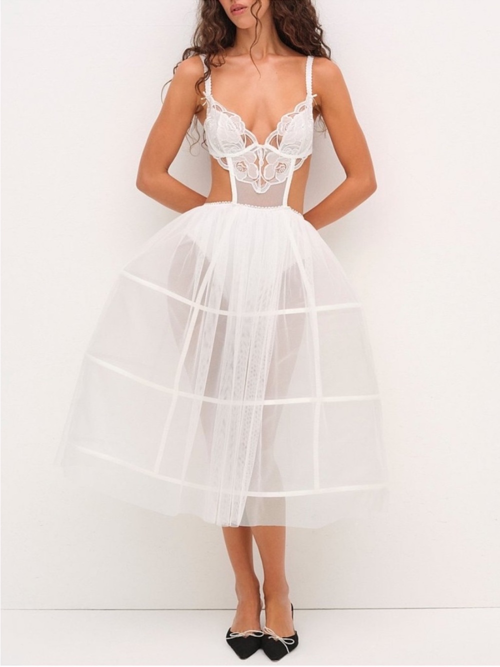 For Love & Lemons Blushing Blooms White Sheer Midi Dress with Lace Bodice - XS